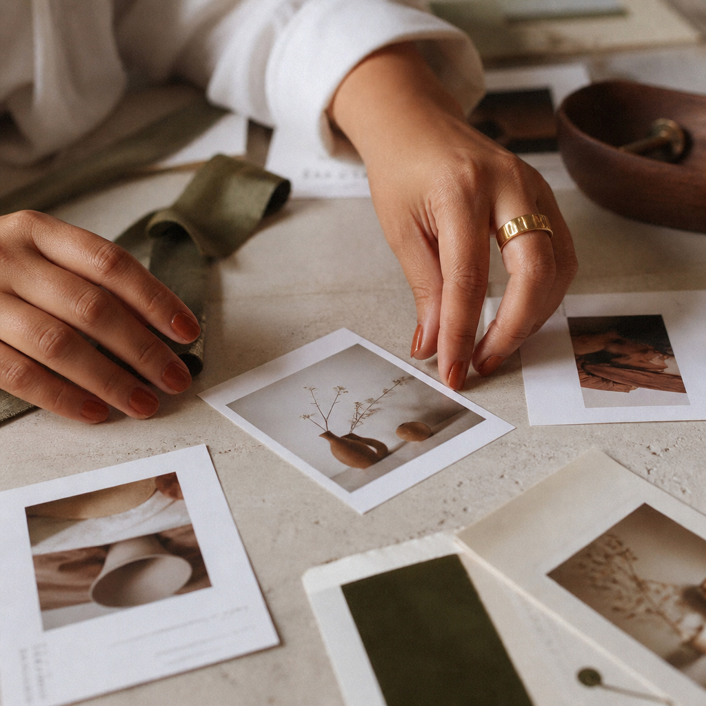 Dirección de arte: selección de fotografías impresas sobre mesa crema