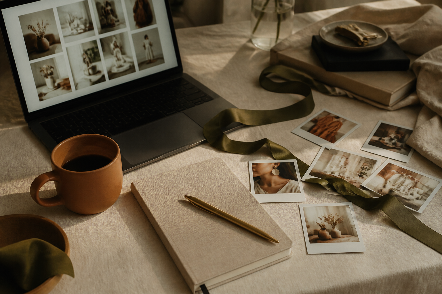 Mesa de trabajo creativa con laptop, café y fotografías de marca